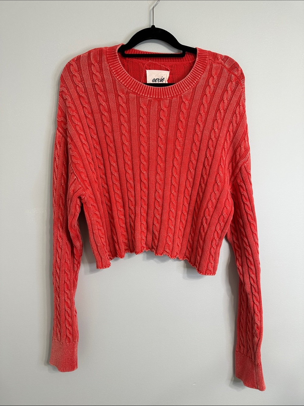 aerie Coral Cable Crewneck Cropped Sweater